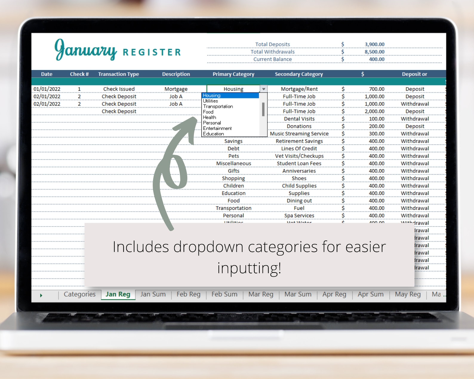 Check Transaction Spreadsheet Bank Transactions Register With Monthly & Annual Summaries Excel ...