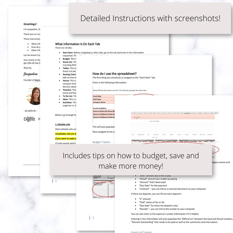 Puede incluir: Una p&aacute;gina de una hoja de c&aacute;lculo de presupuesto imprimible con instrucciones y capturas de pantalla. La p&aacute;gina incluye consejos sobre c&oacute;mo presupuestar, ahorrar y ganar m&aacute;s dinero. La hoja de c&aacute;lculo incluye pesta&ntilde;as para "Comenzar aqu&iacute;", "Presupuesto", "Lista de invitados", "Mesas", "Lugar", "Cronograma", "Lista de tareas", "Ideas" y "Actividades".