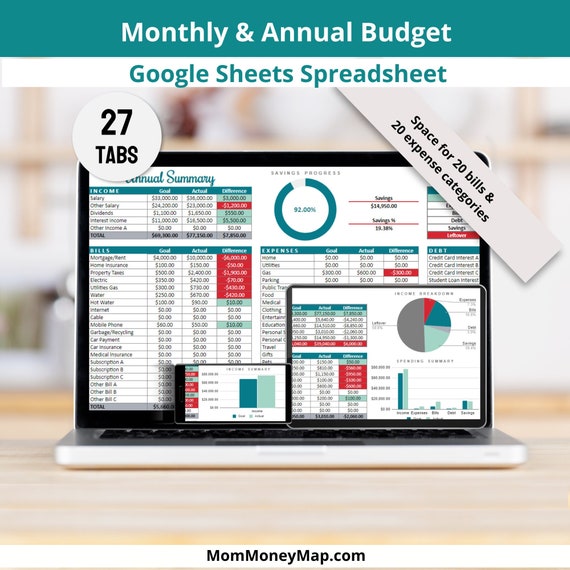 Yearly Budget Google Sheets Spreadsheet Planner Template, Plan and Track your Monthly and Yearly Budget (with Bill Tracker) Digitally
