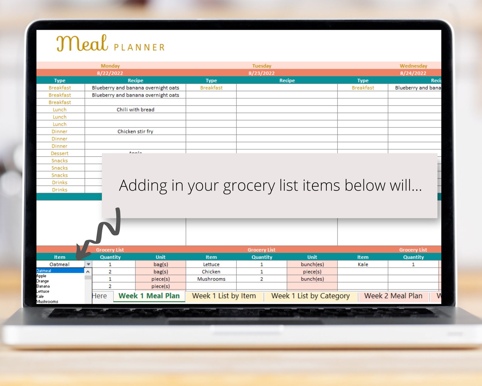 Weekly Meal Planner Excel Spreadsheet Template With Editable Snacks ...