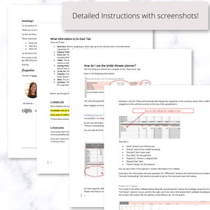 May include: A printable bridal shower planner spreadsheet with instructions and screenshots. The spreadsheet includes tabs for guest list, seating chart, timeline, and budget tracking. The instructions highlight editable cells and frozen panes.