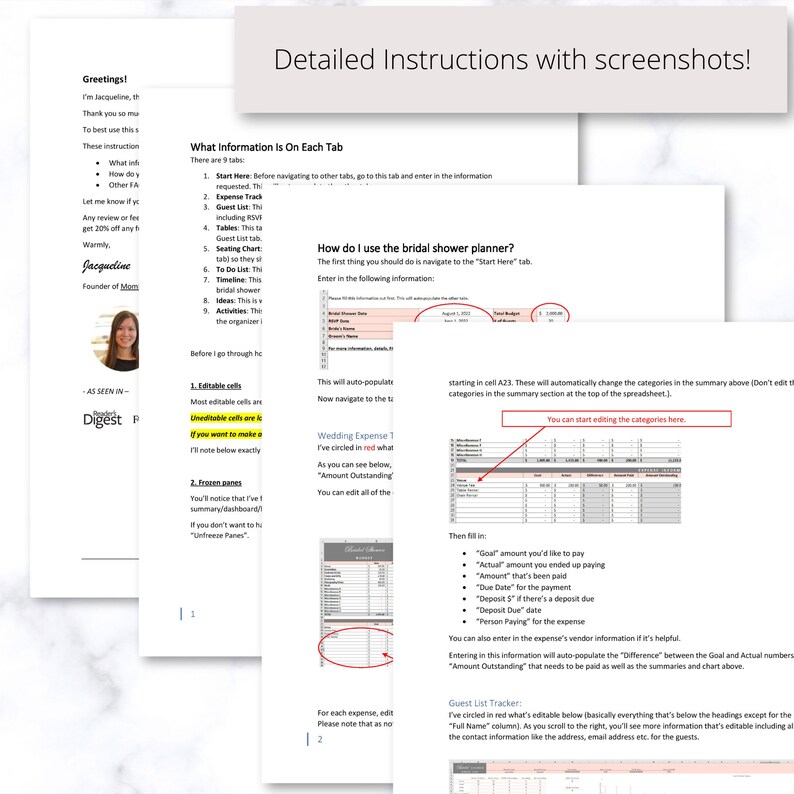May include: A printable bridal shower planner spreadsheet with instructions and screenshots. The spreadsheet includes tabs for guest list, seating chart, timeline, and budget tracking. The instructions highlight editable cells and frozen panes.