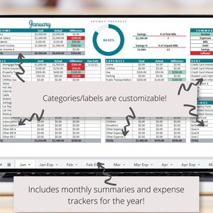 May include: A laptop screen displaying a spreadsheet with a budget tracker for January. The spreadsheet includes categories for income, bills, expenses, and debt. The spreadsheet also includes a summary section with savings progress, number of paid and unpaid bills, and a summary of income, expenses, debt, and savings. The spreadsheet is labeled "January" and "Savings Progress". The text "Categories/labels are customizable!" is written on the screen. The text "Includes monthly summaries and expense trackers for the year!" is written below the laptop.