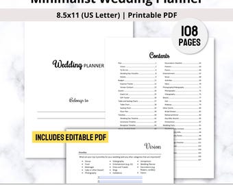Wedding Planner Printable PDF Binder - Minimalist, Editable Bridal Journal Notebook with Checklist, Budget & Timeline