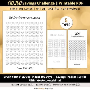10k Savings Challenge Printable PDF, Save 10000 in 100 Days, 100 Envelope 10k Challenge, Save 10k, 10000 Saving Tracker Digital Download