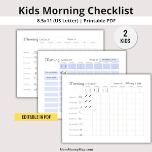 Kindermorgenrunde für 2 Kinder, Morgencheckliste für Kinder, Morgenrunde Tabelle für Kinder und Kleinkinder, druckbare PDF-Bearbeitbarkeit