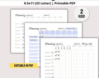 Kids Morning Routine for 2 Kids, Kids Morning Checklist, Morning Routine Chart For Kids & Toddlers, Printable PDF Editable Custom Digital