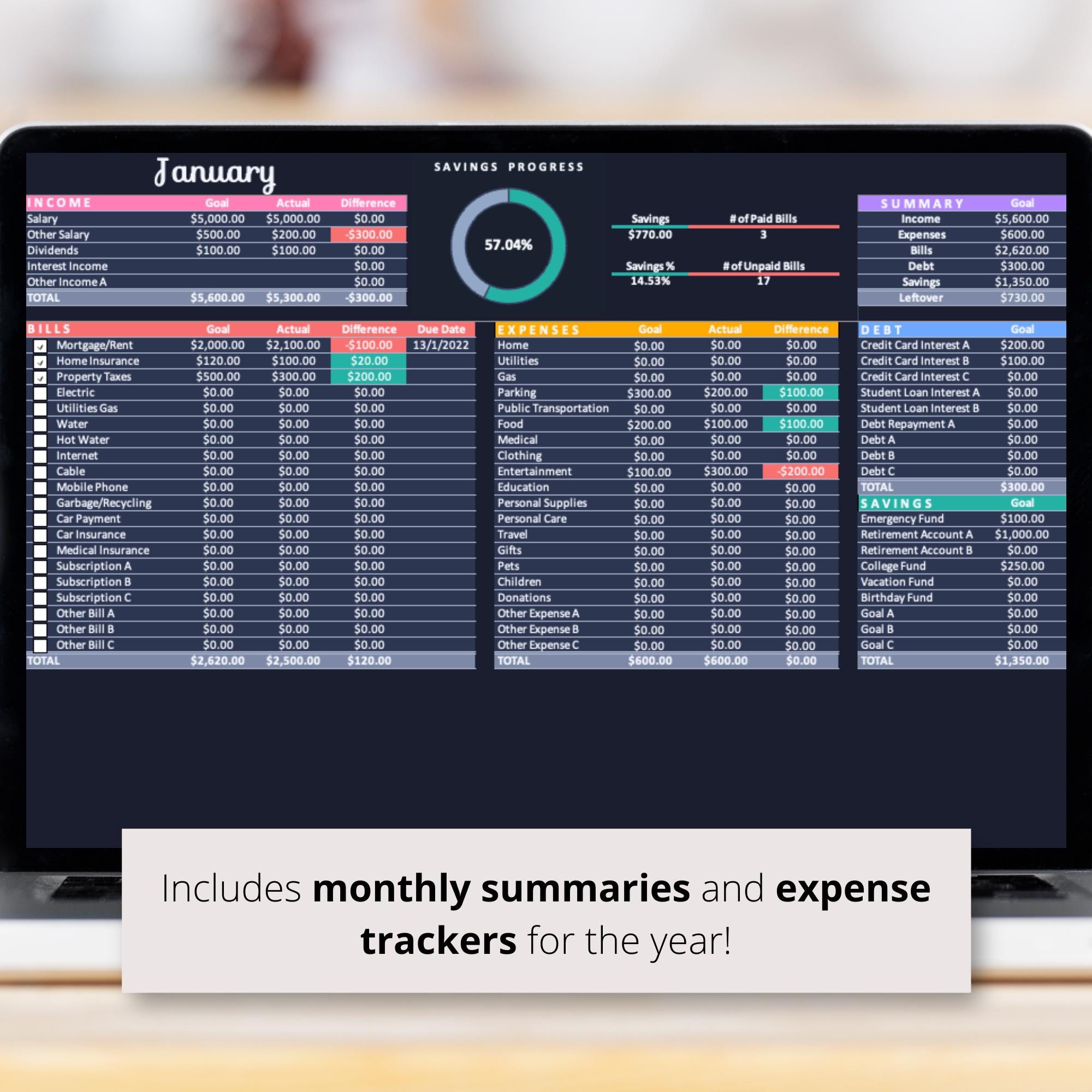 Monthly Budget Dark Mode Spreadsheet Excel Template, Black Paycheck ...