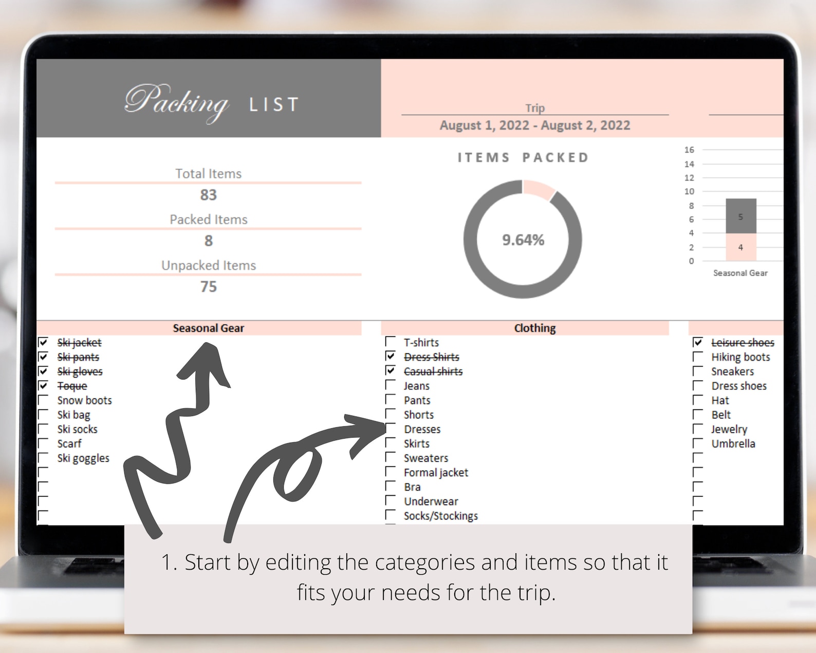 Packing List Excel Spreadsheet Template for Vacation Vacation Travel
