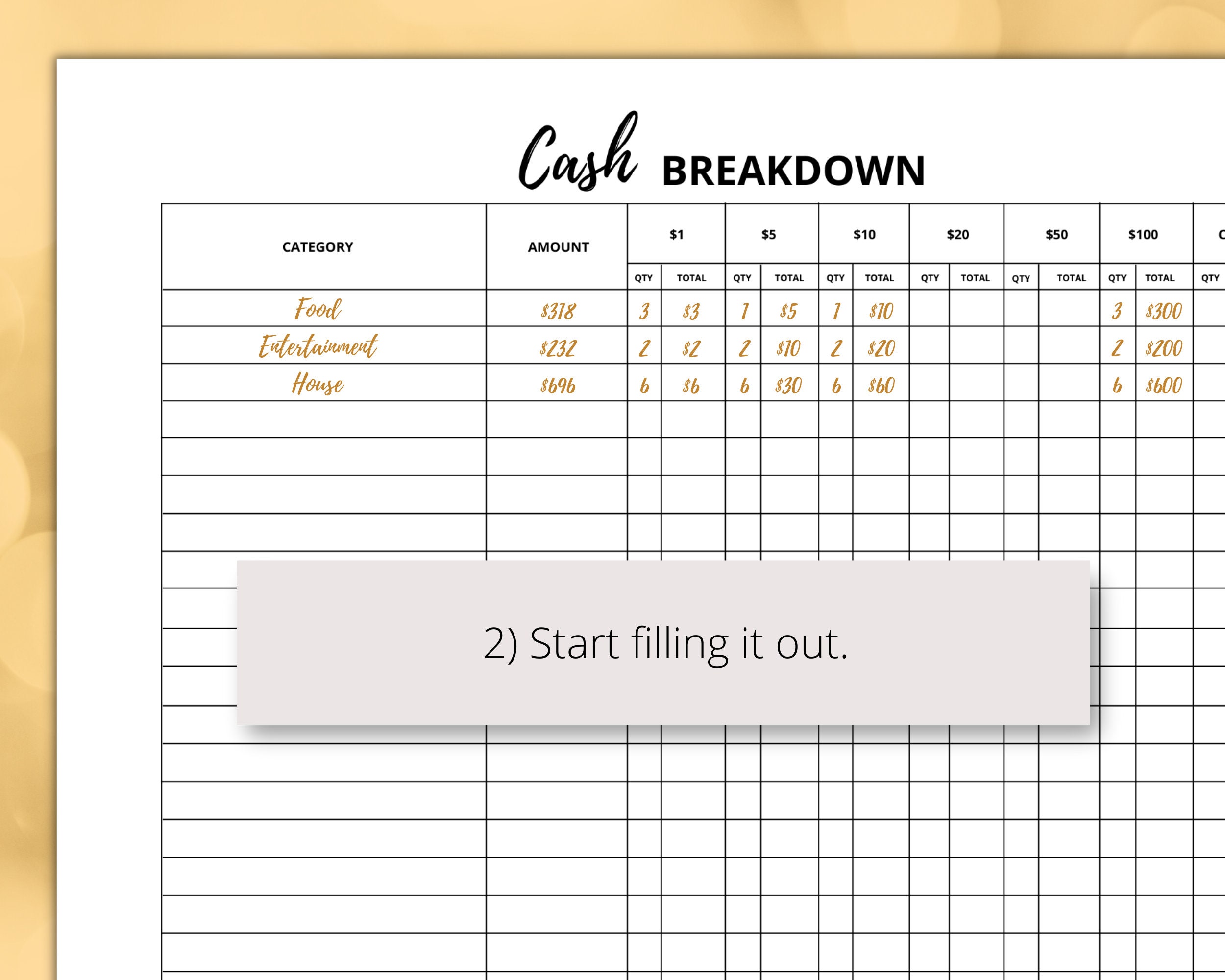 Cash Breakdown Sheet Printable PDF, Money Breakdown Form by