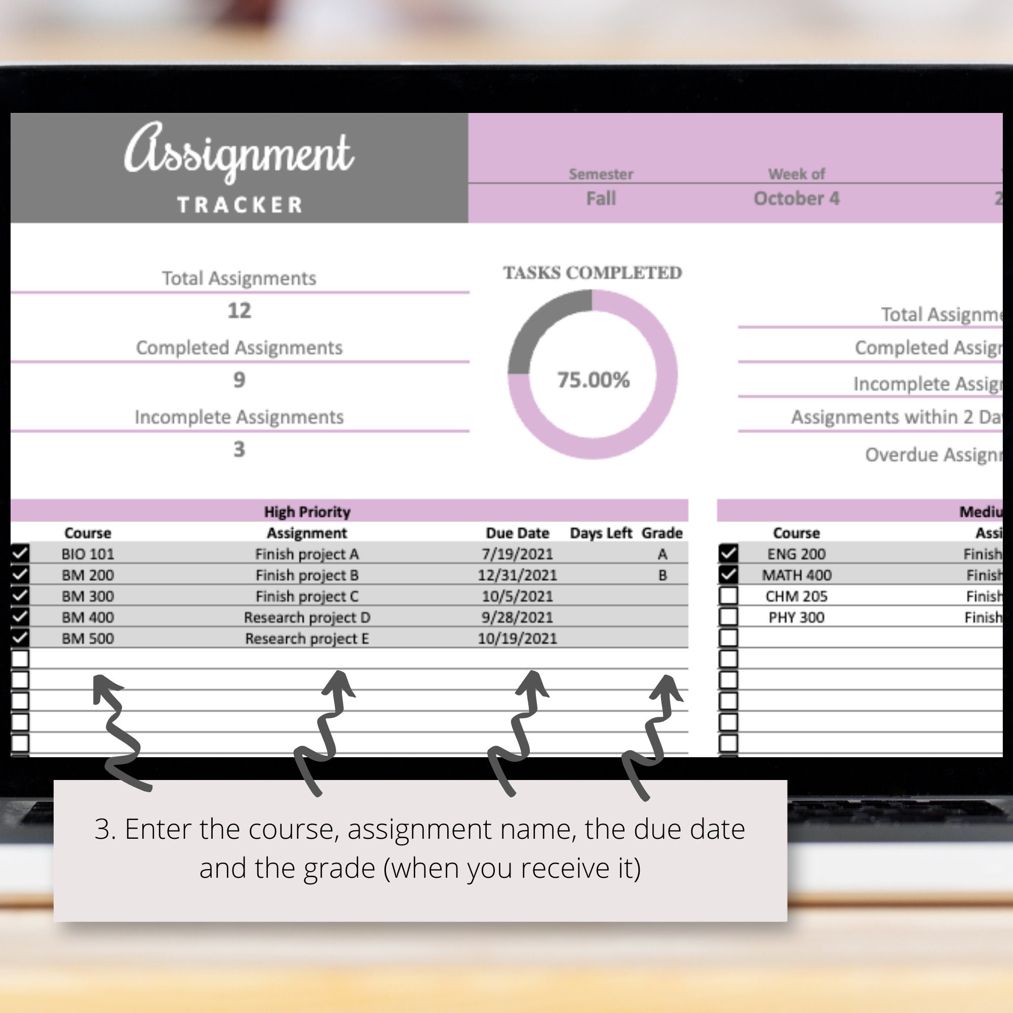 Homework Tracker Google Sheets Spreadsheet Template, Assignment Planner ...