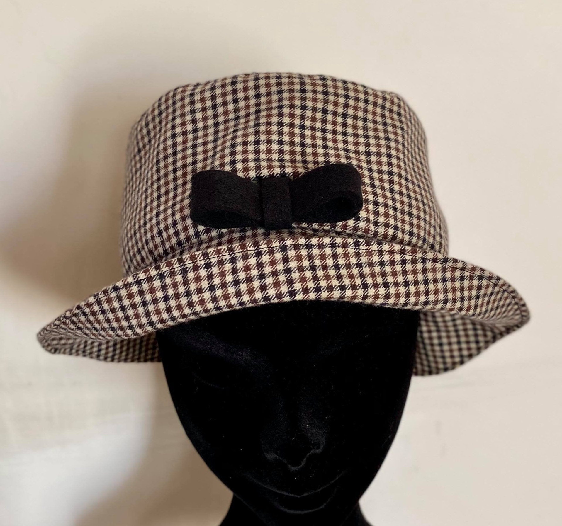 HAT in pure WOOL fabric with small brown and black squares | Etsy