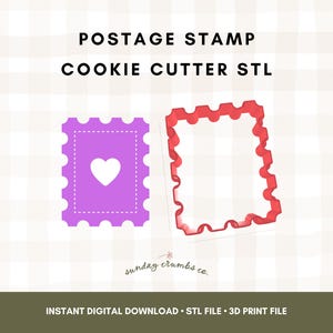 May include: A purple postage stamp cookie cutter with a white heart design next to a red cookie cutter. The text "POSTAGE STAMP COOKIE CUTTER STL" is at the top. The bottom text reads "INSTANT DIGITAL DOWNLOAD STL FILE 3D PRINT FILE".