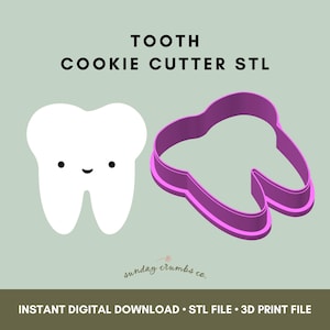 May include: A white cartoon tooth with a smiling face next to a purple tooth-shaped cookie cutter. The text "TOOTH COOKIE CUTTER STL" is at the top. Below is the text "INSTANT DIGITAL DOWNLOAD • STL FILE • 3D PRINT FILE".