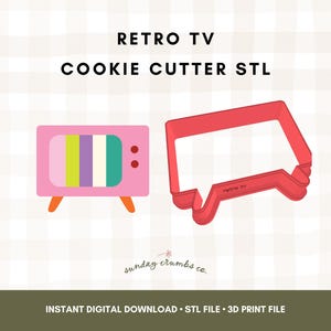 May include: A pink retro TV cookie cutter and a red cookie cutter in the shape of a retro TV. The TV has a colorful screen and orange legs. The text "RETRO TV COOKIE CUTTER STL" is at the top.