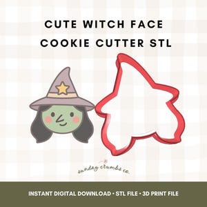 Puede incluir: Un diseño digital para un cortador de galletas con una linda cara de bruja y un contorno de cortador separado. La bruja tiene piel verde, cabello negro y un sombrero morado con una estrella dorada. El texto dice "CUTE WITCH FACE COOKIE CUTTER STL".