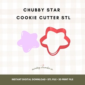 Könnte beinhalten: Ein rosa sternförmiger Ausstecher und eine rote Umrisslinie derselben Sternform werden angezeigt. Der Text "CHUBBY STAR COOKIE CUTTER STL" steht oben. Darunter steht der Text "INSTANT DIGITAL DOWNLOAD STL FILE 3D PRINT FILE".