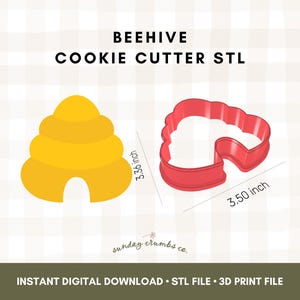 May include: A yellow beehive and a red cookie cutter, both in a 3D design. The beehive is 3.36 inches tall, and the cookie cutter is 3.50 inches wide. The text reads "BEEHIVE COOKIE CUTTER STL" and "INSTANT DIGITAL DOWNLOAD STL FILE 3D PRINT FILE".