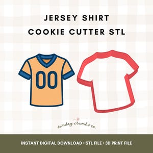May include: An illustration of a jersey shirt and a cookie cutter in the shape of a jersey shirt. The jersey shirt is orange with blue accents and the number "00". The cookie cutter is red. Text reads "JERSEY SHIRT COOKIE CUTTER STL".
