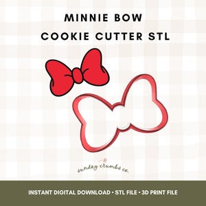 May include: A red Minnie Mouse bow cookie cutter STL file. The image shows a red bow and a red outline of the bow. The text on the image says "MINNIE BOW COOKIE CUTTER STL" and "INSTANT DIGITAL DOWNLOAD STL FILE 3D PRINT FILE".