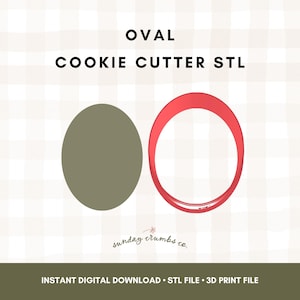Puede incluir: Imagen de un archivo STL de cortador de galletas ovalado. Muestra un óvalo verde oliva sólido y un contorno ovalado rojo. El texto "OVAL COOKIE CUTTER STL" está en la parte superior. El banner inferior dice "INSTANT DIGITAL DOWNLOAD STL FILE 3D PRINT FILE".