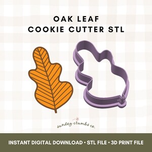 Puede incluir: Ilustración de una hoja de roble naranja junto a un cortador de galletas morado con forma de hoja de roble. El texto "OAK LEAF COOKIE CUTTER STL" está en la parte superior. Debajo está el texto "INSTANT DIGITAL DOWNLOAD • STL FILE • 3D PRINT FILE".