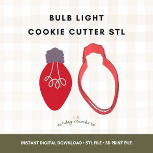 Könnte beinhalten: Eine rote Glühbirnen-Ausstechform-STL-Datei mit grauem Sockel und weißem Wirbeldesign. Das Bild zeigt auch die Umrisse der Ausstechform. Der Text auf dem Bild lautet "BULB LIGHT COOKIE CUTTER STL" und "INSTANT DIGITAL DOWNLOAD STL FILE 3D PRINT FILE".