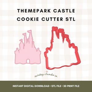 May include: A pink castle cookie cutter and a red outline of the same castle. The text "THEMEPARK CASTLE COOKIE CUTTER STL" is at the top. The bottom text reads "INSTANT DIGITAL DOWNLOAD STL FILE 3D PRINT FILE".