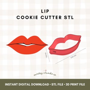 Pode incluir: Um arquivo STL de cortador de biscoito de lábios vermelhos com o texto "LIP COOKIE CUTTER STL". O cortador tem 8,89 cm de comprimento e 4,17 cm de largura. A imagem também inclui uma ilustração de lábios vermelhos.