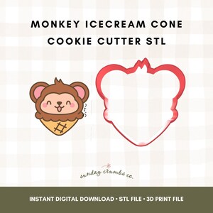 Könnte beinhalten: Ein Bild mit einer Illustration eines Affen-Eiswaffel-Kegels und einem roten Ausstecher in Form des Affenkopfes. Der Text lautet "MONKEY ICECREAM CONE COOKIE CUTTER STL" und "INSTANT DIGITAL DOWNLOAD STL FILE 3D PRINT FILE".