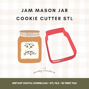 Puede incluir: Ilustración de un tarro de mermelada Mason y un cortador de galletas rojo con forma de tarro Mason. El tarro es de color canela con una etiqueta que dice "jam". El texto "JAM MASON JAR COOKIE CUTTER STL" está en la parte superior.