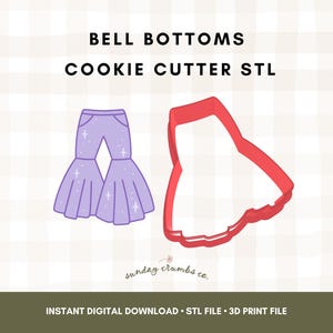 May include: A light purple illustration of bell bottom trousers with glitter details, alongside a red cookie cutter outline. The text reads "BELL BOTTOMS COOKIE CUTTER STL".