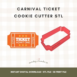 Könnte beinhalten: Ein orangefarbenes Karneval-Ticket-Design und ein roter Ausstecher in Form eines Tickets. Auf dem Ticket steht "TICKET ADMIT ONE" mit Sternen. Das Bild enthält auch den Text "CARNIVAL TICKET COOKIE CUTTER STL".