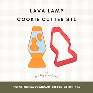 May include: An orange and blue lava lamp cookie cutter next to a red cookie cutter in the shape of a lava lamp. The text "LAVA LAMP COOKIE CUTTER STL" is at the top. The bottom text reads "INSTANT DIGITAL DOWNLOAD STL FILE 3D PRINT FILE".