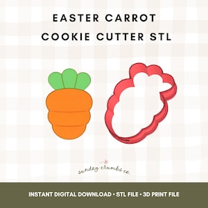 May include: An orange and green carrot-shaped cookie cutter and a red cloud-shaped cookie cutter are displayed on a white background. The text "EASTER CARROT COOKIE CUTTER STL" is at the top. The bottom text reads "INSTANT DIGITAL DOWNLOAD • STL FILE • 3D PRINT FILE".