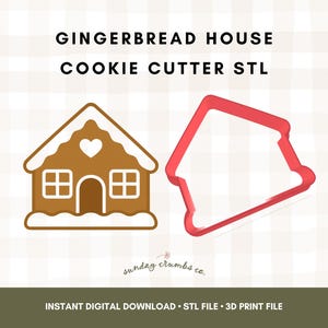 May include: A gingerbread house cookie cutter STL file. The image shows a brown gingerbread house with white accents and a red cookie cutter outline. Text on the image reads "GINGERBREAD HOUSE COOKIE CUTTER STL" and "INSTANT DIGITAL DOWNLOAD STL FILE 3D PRINT FILE."