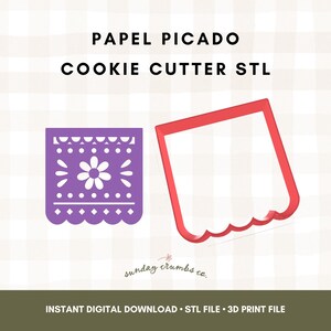 May include: A purple and white Papel Picado cookie cutter STL file. The design features a floral pattern and scalloped edges. A red outline of the cutter is also shown. The text "PAPEL PICADO COOKIE CUTTER STL" is at the top.