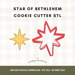 May include: Image features two star-shaped cookie cutters. One is a solid gold color, and the other is a red outline. The text "STAR OF BETHLEHEM COOKIE CUTTER STL" is at the top. Below is the text "INSTANT DIGITAL DOWNLOAD STL FILE 3D PRINT FILE".