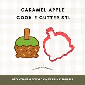 May include: A digital image showing a caramel apple cookie cutter design. The image includes a finished caramel apple and a red outline of the cutter. The text at the top says "CARAMEL APPLE COOKIE CUTTER STL".