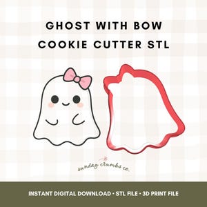 May include: A digital image featuring a cute ghost character with a pink bow, alongside a red cookie cutter in the shape of the ghost. The text "GHOST WITH BOW COOKIE CUTTER STL" is displayed at the top.
