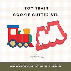 Può includere: Illustrazione colorata di un trenino giocattolo e un tagliabiscotti rosso a forma di treno. Il treno è rosso, blu, giallo e verde. Il testo recita "TOY TRAIN COOKIE CUTTER STL".