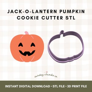 Puede incluir: Ilustración de una calabaza Jack-o-Lantern naranja con una cara sonriente negra junto a un cortador de galletas morado. El texto dice "JACK-O-LANTERN PUMPKIN COOKIE CUTTER STL" y "INSTANT DIGITAL DOWNLOAD • STL FILE • 3D PRINT FILE".