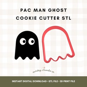 May include: A black Pac-Man ghost cookie cutter and a red outline of the same ghost shape. The text reads "PAC MAN GHOST COOKIE CUTTER STL" and "INSTANT DIGITAL DOWNLOAD STL FILE 3D PRINT FILE".