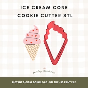 May include: An image featuring a pink ice cream cone with red hearts and a red ice cream cone-shaped cookie cutter. The text "ICE CREAM CONE COOKIE CUTTER STL" is at the top. Below is the text "INSTANT DIGITAL DOWNLOAD • STL FILE • 3D PRINT FILE".