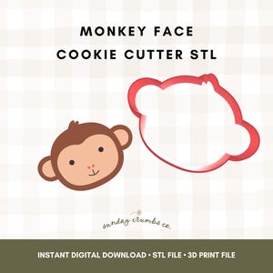 Könnte beinhalten: Eine STL-Datei für einen Affengesicht-Ausstecher. Das Bild zeigt ein Cartoon-Affen-Gesicht und eine rote Umrisslinie des Ausstechers. Der Text "MONKEY FACE COOKIE CUTTER STL" steht oben. Der Text unten lautet "INSTANT DIGITAL DOWNLOAD STL FILE 3D PRINT FILE".