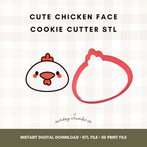 Może przedstawiać: Biała twarz kurczaka z kreskówki z czerwonym grzebieniem, dziobem i rumieńcami, obok czerwonej foremki do ciastek. Tekst brzmi "CUTE CHICKEN FACE COOKIE CUTTER STL" i "INSTANT DIGITAL DOWNLOAD STL FILE 3D PRINT FILE".