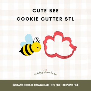 May include: A digital design for a bee-shaped cookie cutter, with the text "CUTE BEE COOKIE CUTTER STL". The image includes a cartoon bee and a red cookie cutter. The design is a digital download.