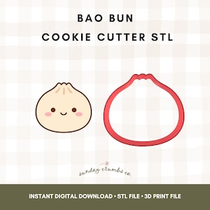 Könnte beinhalten: Abbildung eines lächelnden, beigefarbenen Bao Buns und eines roten Ausstechers in Bao Bun-Form. Der Text oben lautet "BAO BUN COOKIE CUTTER STL". Darunter steht "INSTANT DIGITAL DOWNLOAD STL FILE 3D PRINT FILE".
