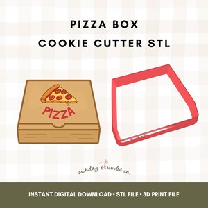 May include: A brown pizza box with a slice of pizza and the word "PIZZA" in red. A red cookie cutter in the shape of the pizza box is next to it. Text at the top says "PIZZA BOX COOKIE CUTTER STL".