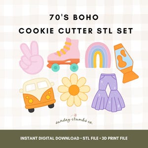 May include: A collection of 70's Boho-themed cookie cutter designs. The set includes a peace sign, roller skate, rainbow, lava lamp, flower, flared pants, and a retro van. The text "70'S BOHO COOKIE CUTTER STL SET" is displayed at the top.